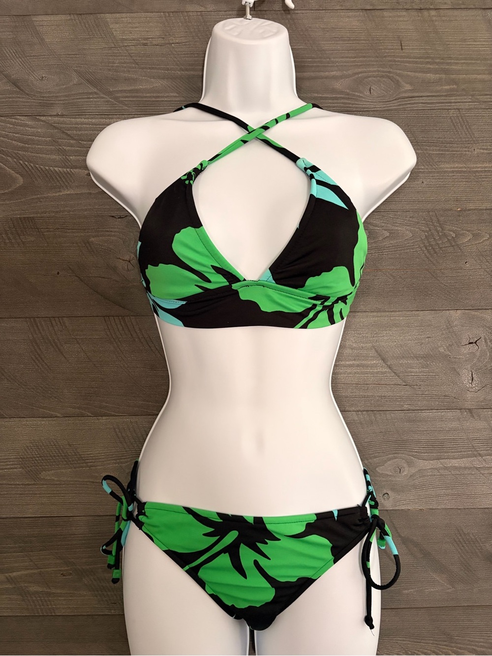 Green & Black Floral Crisscross Halter Bikini Set